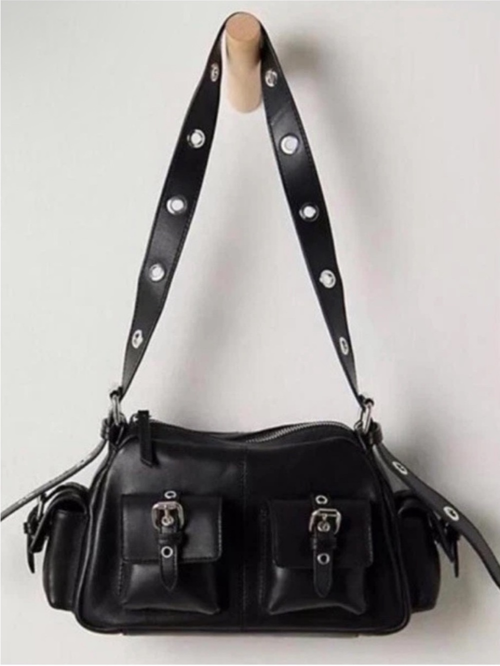 FREE PEOPLE Black Leather Utility Cargo Shoulder Bag NWT